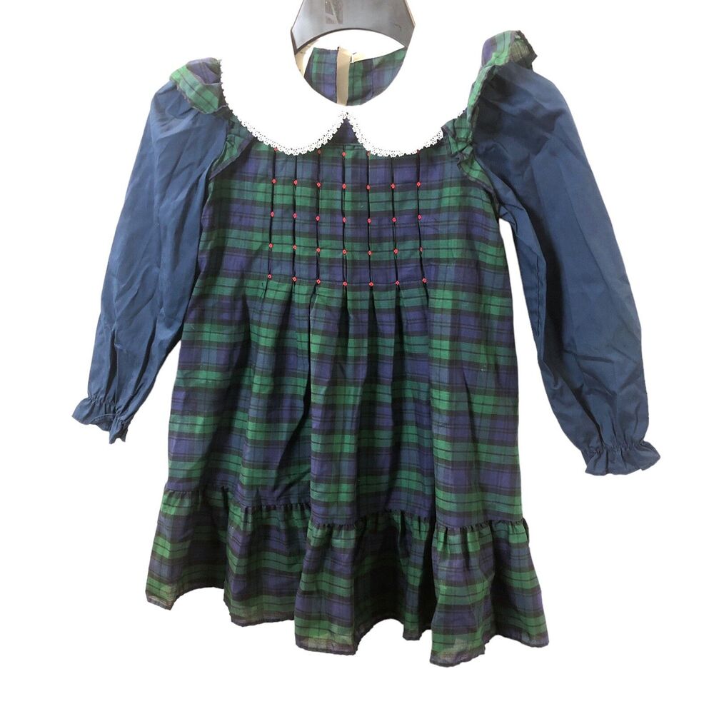 Princess Anne Hand Smocked Dress Green Navy Girls 6 Cotton Poly Blend Vtg